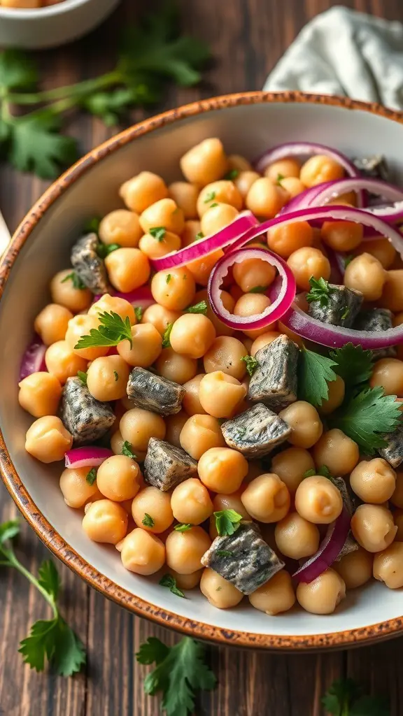 A bowl of sardine and chickpea salad with red onion and fresh herbs.