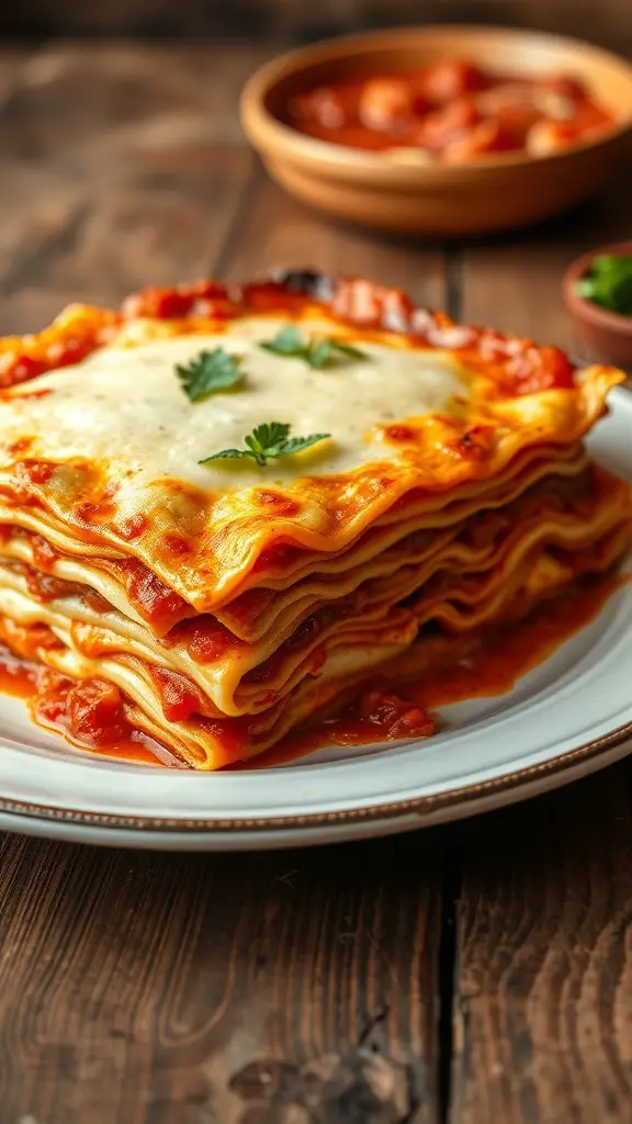 A plate of homemade lasagna with layers of cheese and tomato sauce.