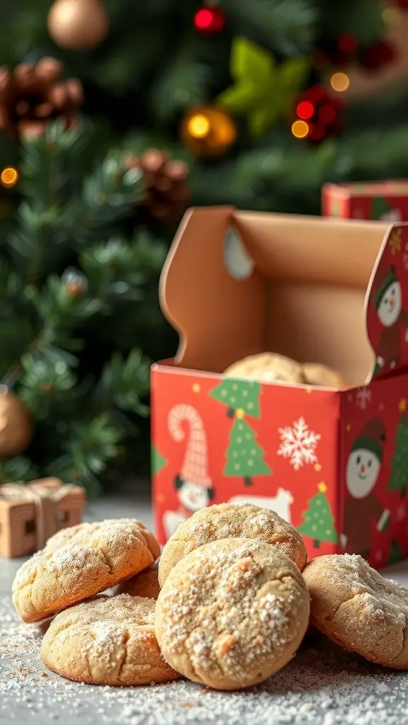 A festive box filled with snickerdoodle cookies, surrounded by holiday decorations.