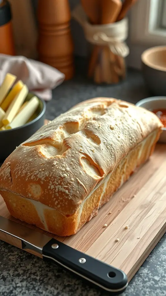 A freshly baked loaf of classic white sandwich bread on a wooden cutting board.