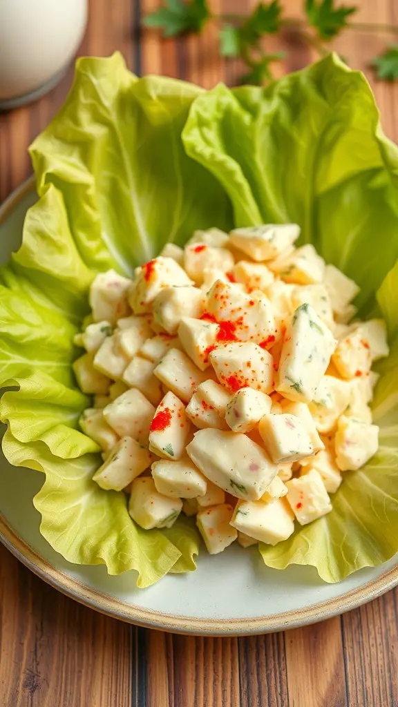 A bowl of egg salad served in lettuce leaves, garnished with paprika.