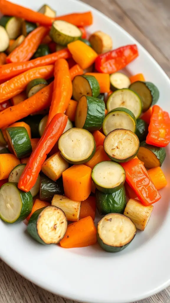 A colorful roasted vegetable medley featuring carrots, zucchini, bell peppers, and squash.