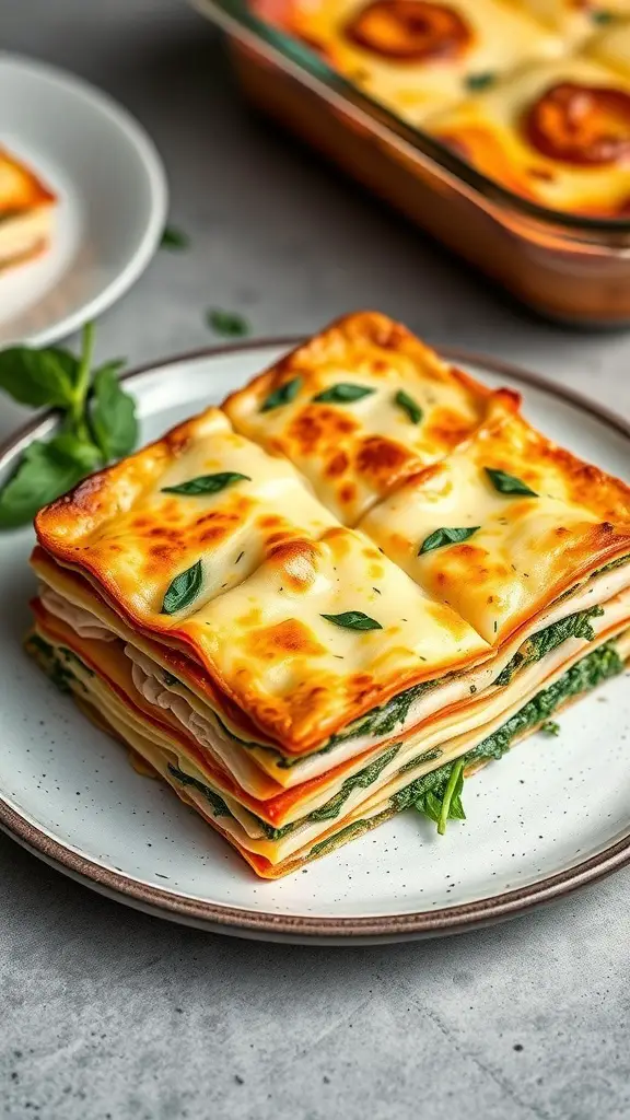 A delicious serving of Turkey and Spinach Lasagna on a plate, showcasing layers of pasta, turkey, spinach, and melted cheese.