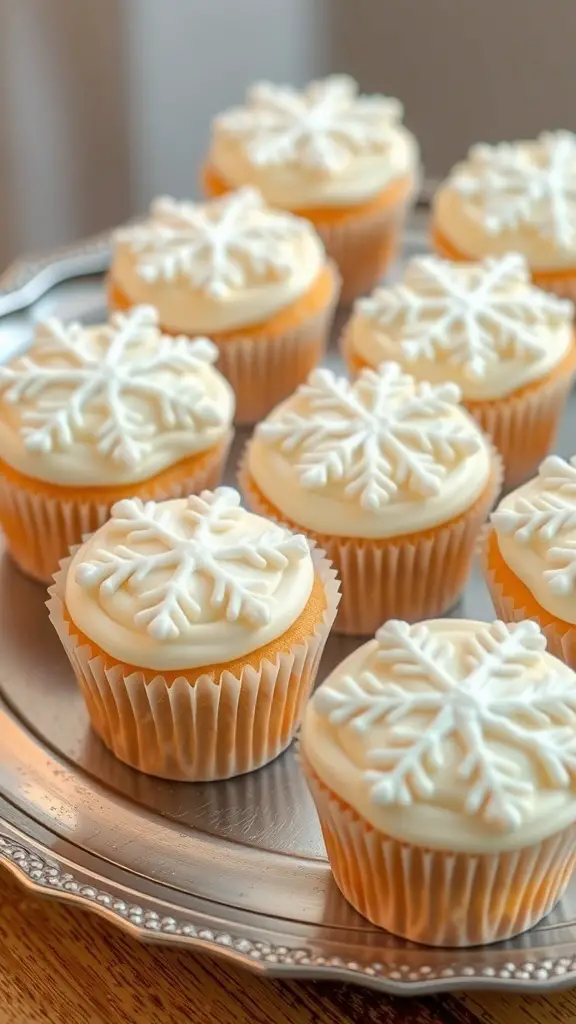 Vanilla Bean Snowflake Cupcakes on a silver platter