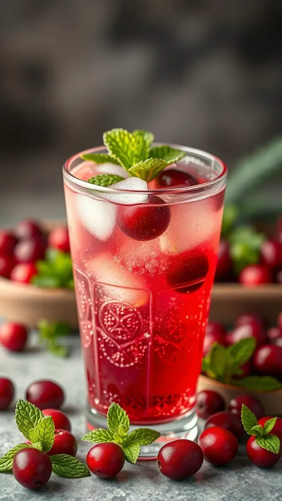A refreshing glass of cranberry spritzer with mint and cranberries