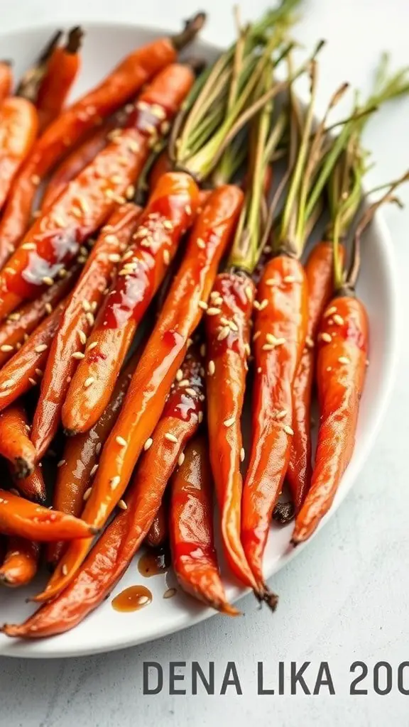 A plate of maple roasted carrots garnished with sesame seeds.