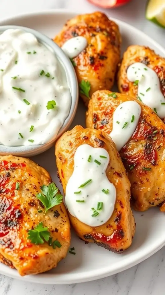 Plate of Mediterranean chicken tenders with creamy sauce and herbs