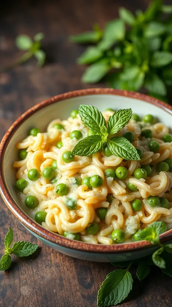 A bowl of ditalini pasta with peas, garnished with mint leaves.