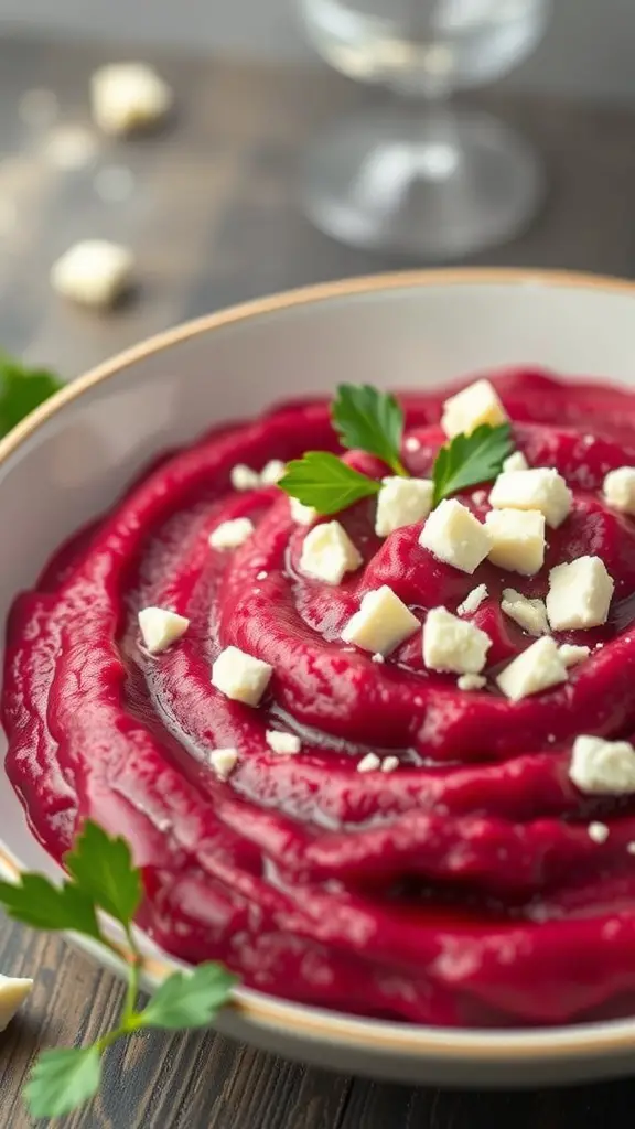 A vibrant beet and goat cheese puree garnished with crumbled cheese and herbs.