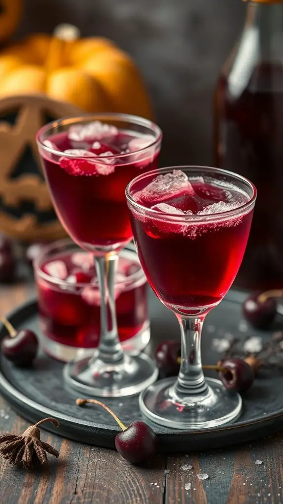 Two glasses of cherry cola jello shots with ice, surrounded by cherries and a pumpkin.