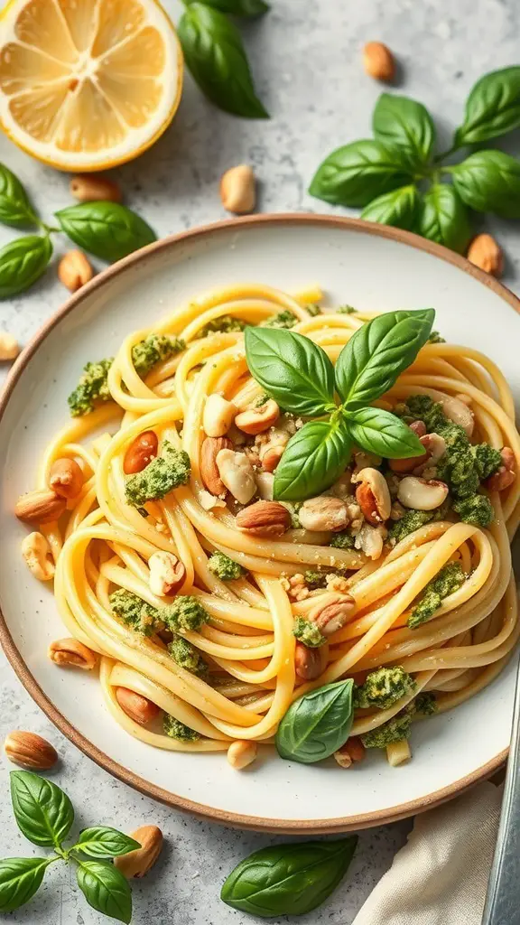 A plate of Lemon Basil Pesto Pasta garnished with fresh basil and nuts, with a lemon slice in the background.