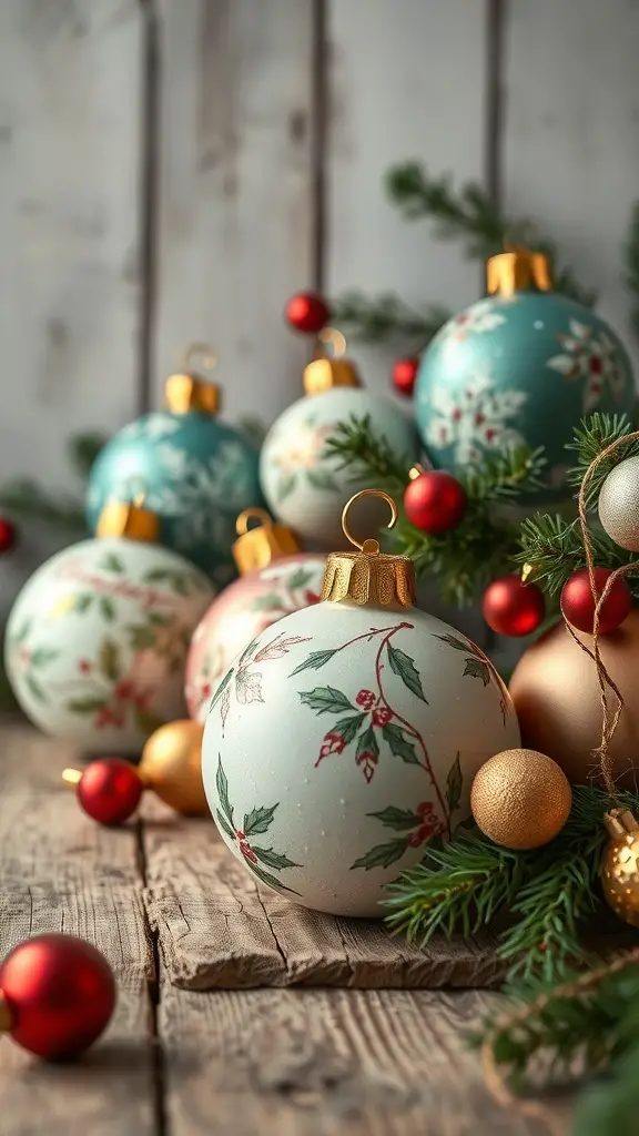 A collection of hand-painted vintage Christmas baubles in various colors and designs, surrounded by festive greenery.