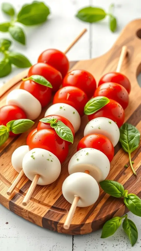 Caprese salad skewers with cherry tomatoes, mozzarella, and basil on a wooden board