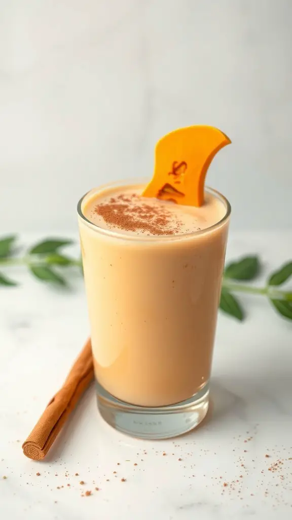 A creamy butternut squash smoothie in a glass, garnished with a slice of squash and a cinnamon stick.