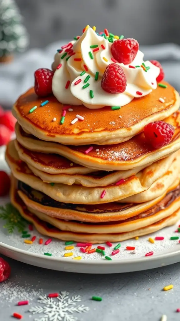 A stack of fluffy pancakes topped with whipped cream, raspberries, and colorful sprinkles, set against a festive background.