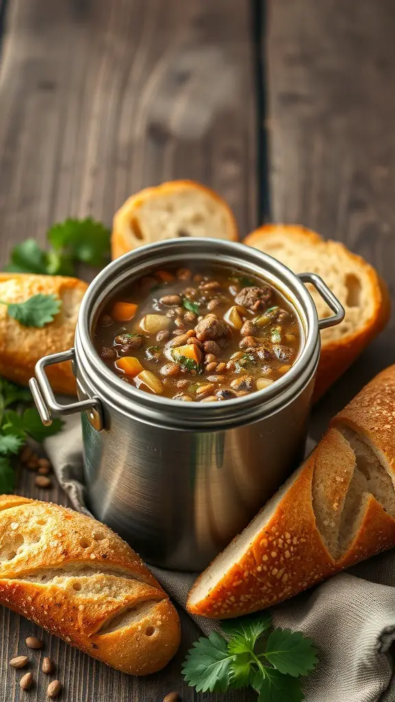 A thermos filled with lentil soup, surrounded by slices of bread on a wooden table.