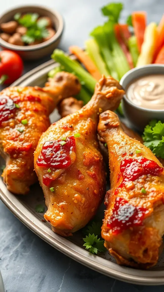 Crispy skin turkey drumsticks served with fresh vegetables and dipping sauce