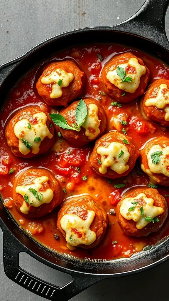 A skillet filled with cheesy meatballs in marinara sauce, garnished with herbs.