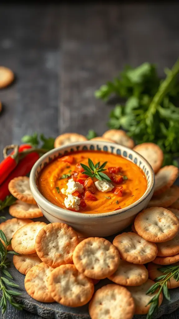A bowl of roasted red pepper and feta dip surrounded by crackers and garnished with herbs.