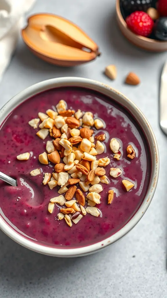 A bowl of acai topped with a savory nut mix, featuring almonds and other nuts.