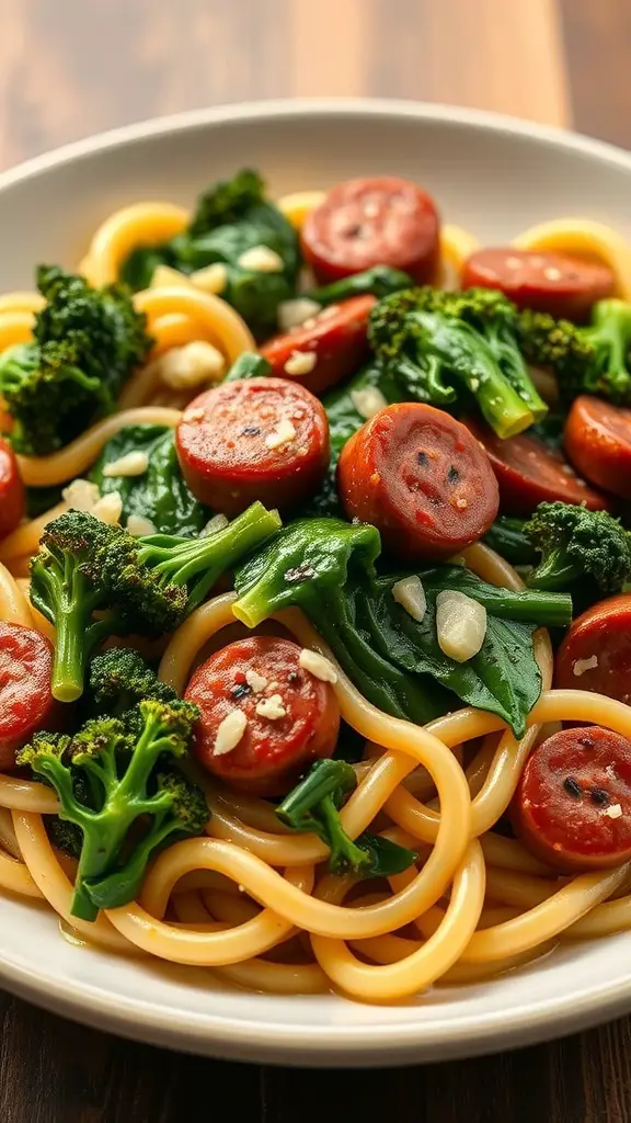 A plate of cavatappi pasta with sausage and broccoli rabe, garnished with garlic.