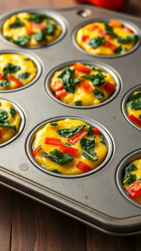 Baked egg muffins with spinach and red bell peppers in a muffin tin.