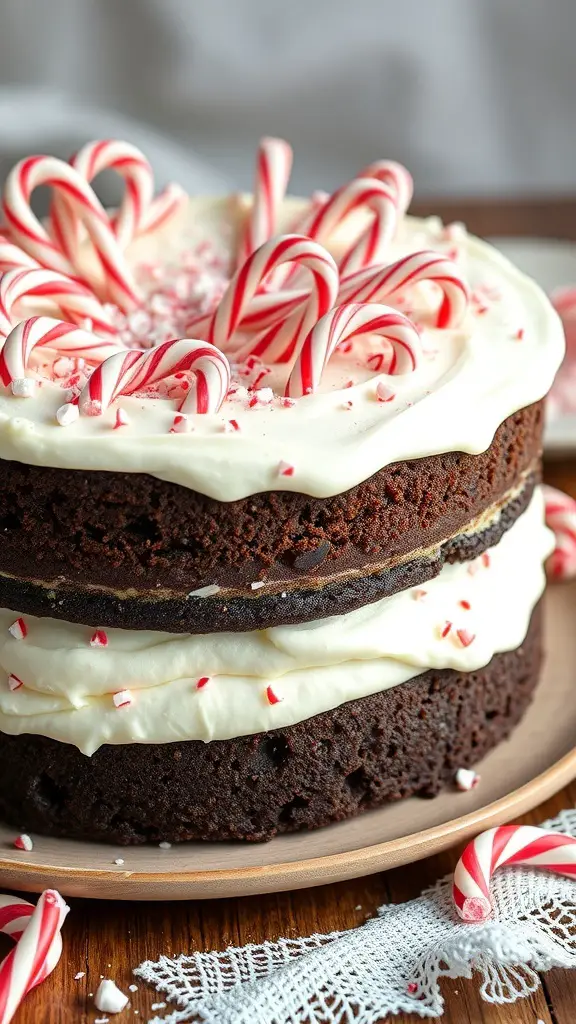 A delicious chocolate peppermint layer cake decorated with candy canes.