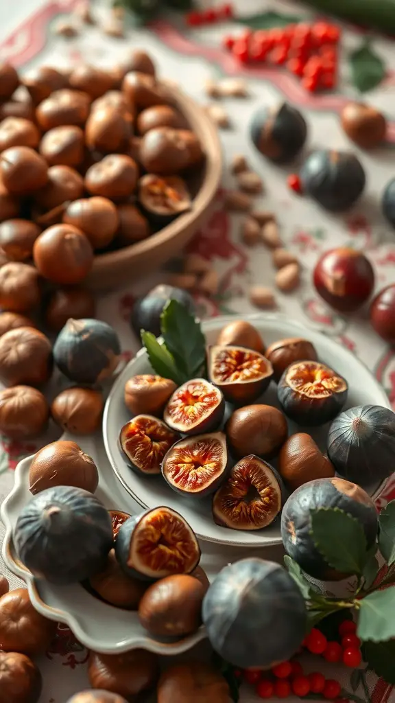 A festive display of roasted chestnuts and figs on a table, showcasing the warm colors and textures of the ingredients.