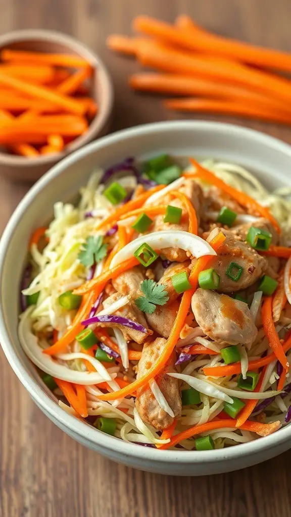 A bowl of Asian Chicken Salad with colorful vegetables and chicken pieces.