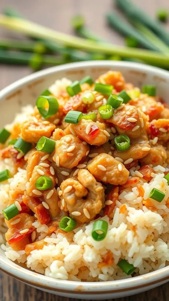 A bowl of Teriyaki Turkey and Rice Casserole topped with green onions and sesame seeds.