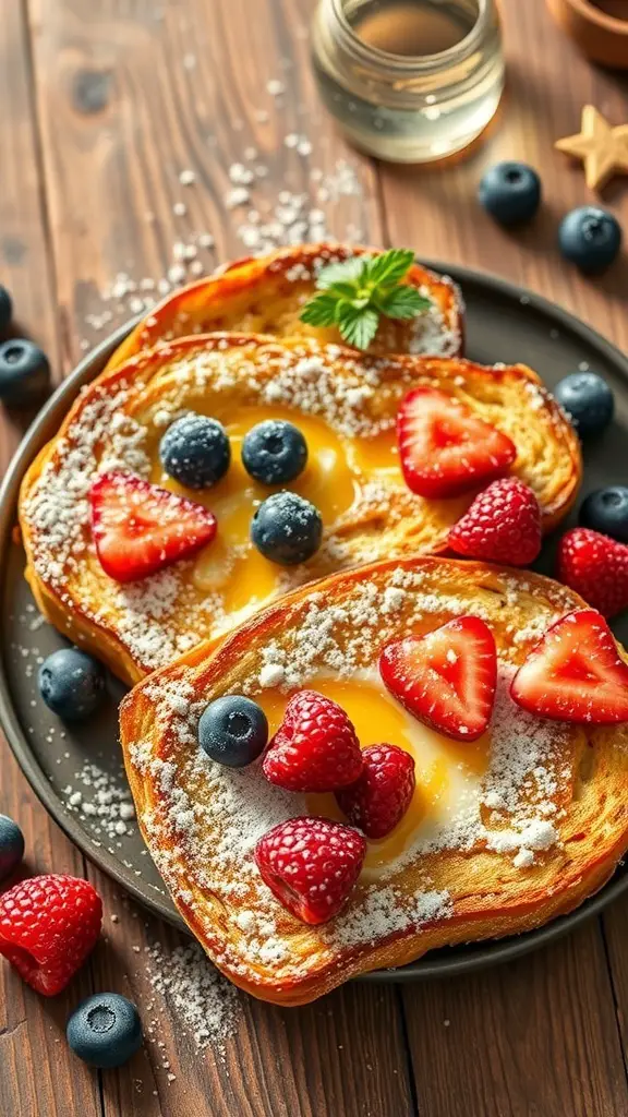 A plate of Eggnog French Toast Bake topped with strawberries, blueberries, and powdered sugar.