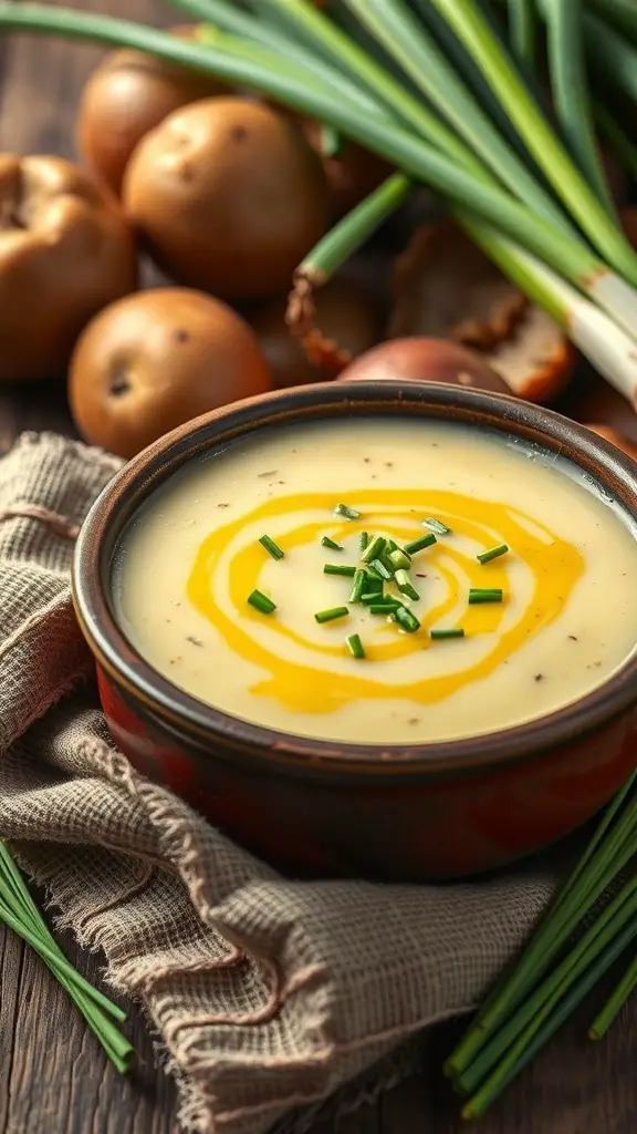 A bowl of creamy potato leek soup garnished with chives, surrounded by fresh potatoes and leeks.
