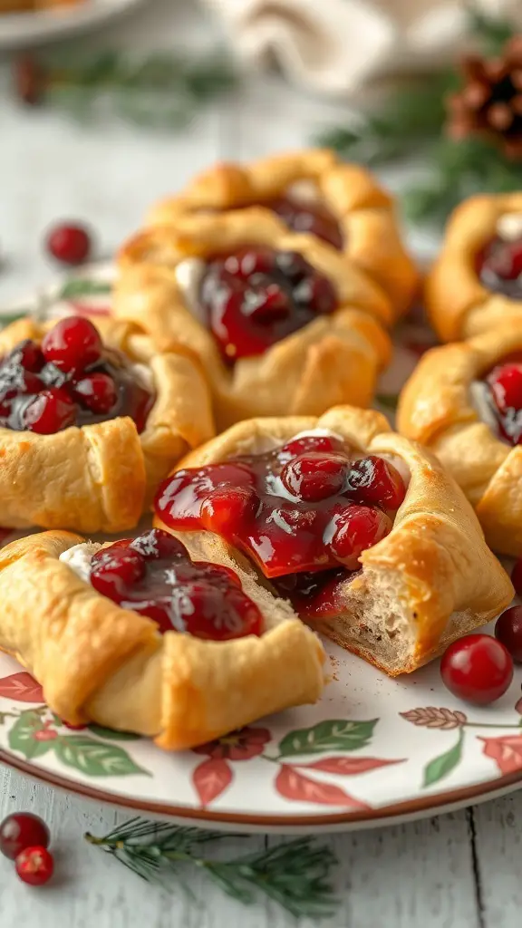 A plate of brie and cranberry puff pastry bites, featuring golden flaky pastry filled with cranberry sauce and brie cheese.