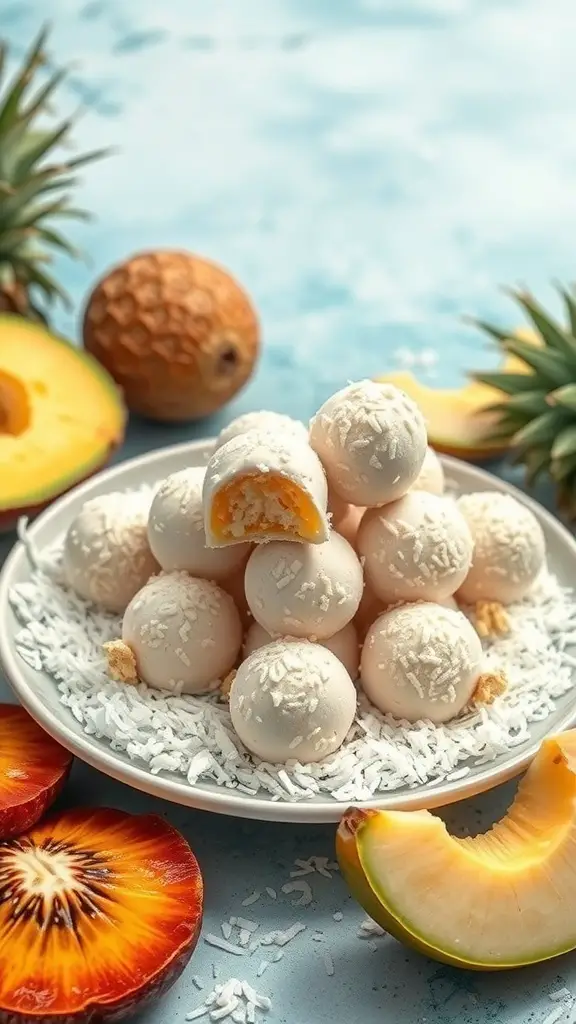 A plate of Tropical Coconut Bonbons surrounded by fresh fruits like pineapple and melon.
