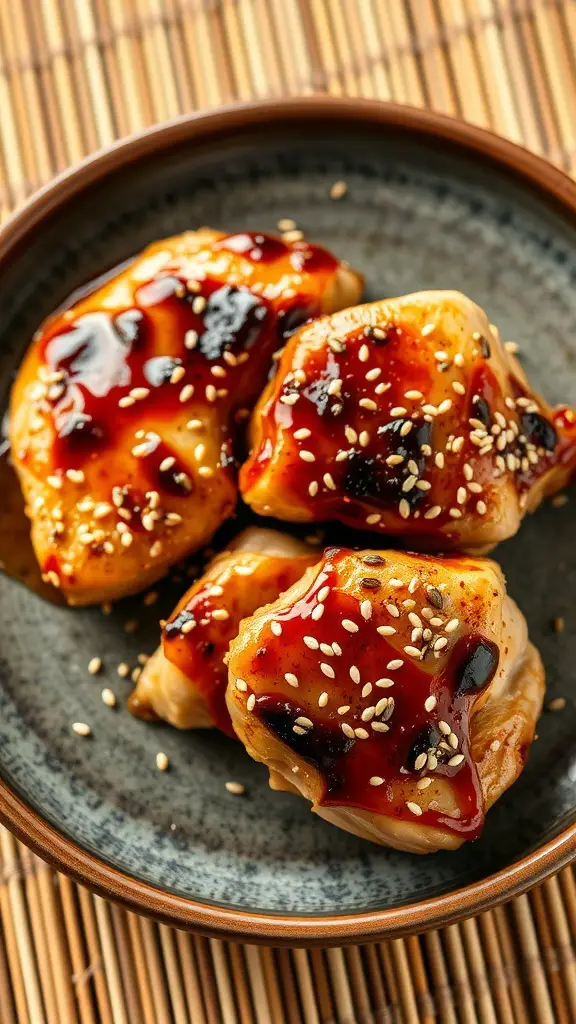 Baked teriyaki chicken thighs with sesame seeds on a plate