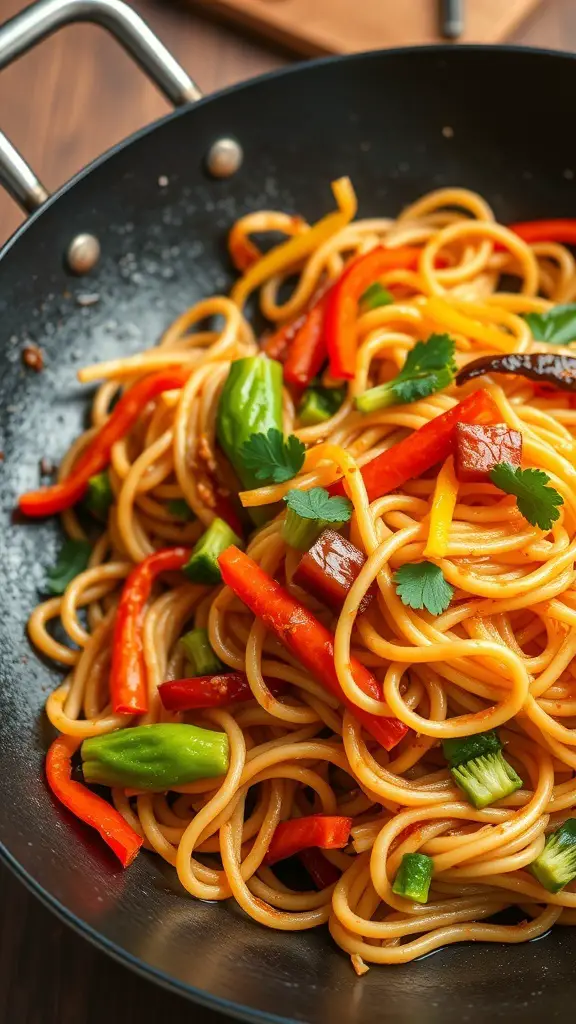 Stir-fried elbow noodles with colorful vegetables in a pan
