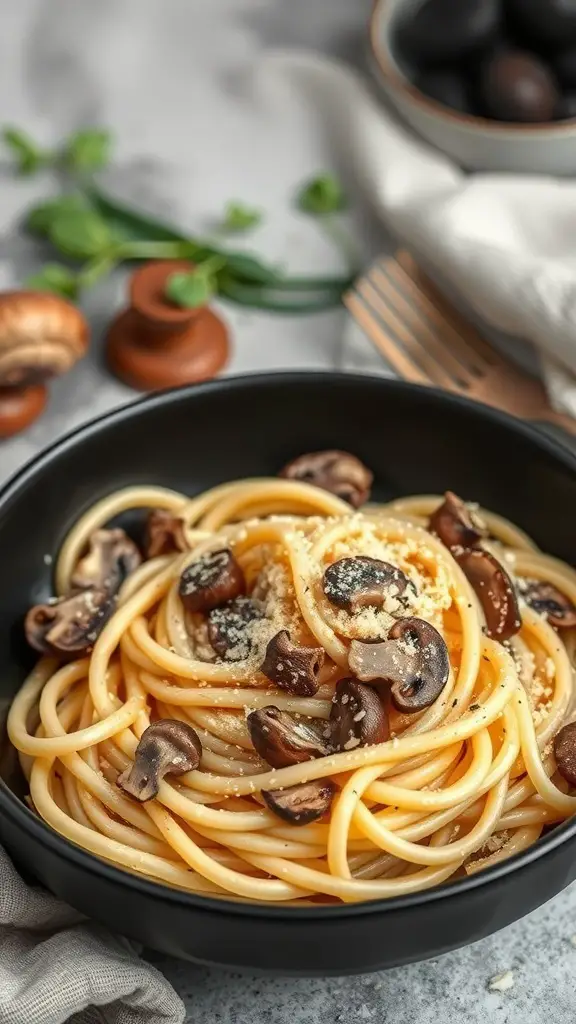 A bowl of fettuccine pasta topped with sautéed mushrooms and cheese, drizzled with truffle oil.