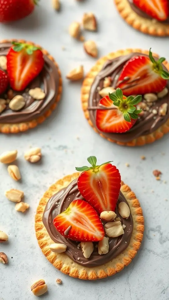Crackers topped with chocolate hazelnut spread, fresh strawberries, and peanuts.