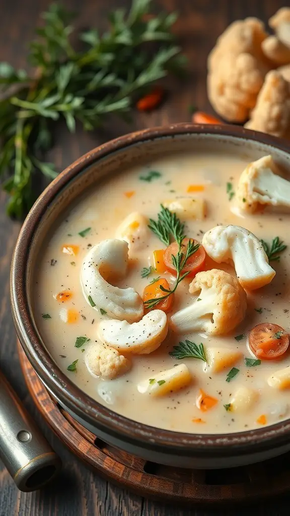 A bowl of fish chowder with cauliflower, garnished with herbs.