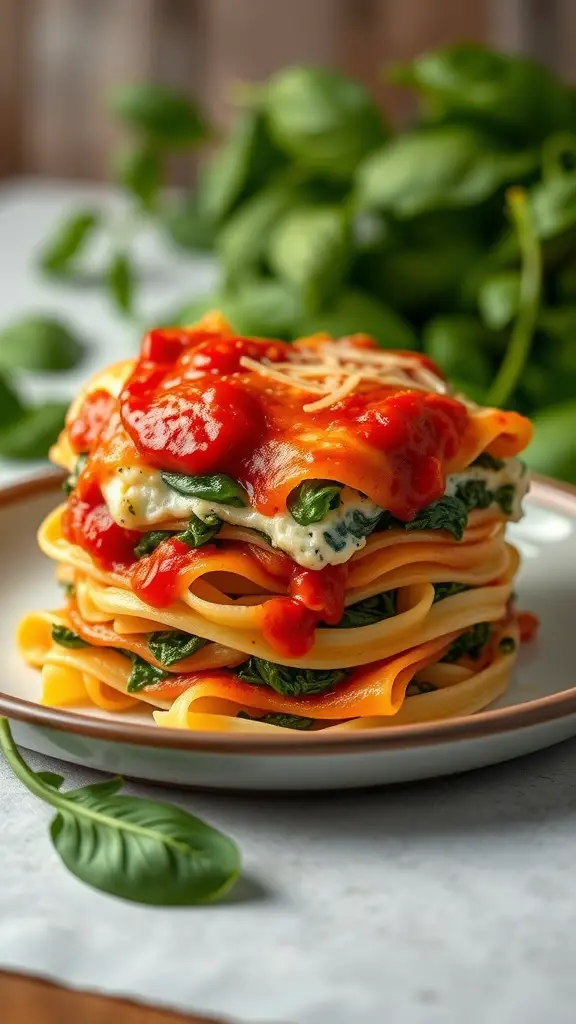 A plate of baked egg noodles layered with spinach and ricotta, topped with tomato sauce.