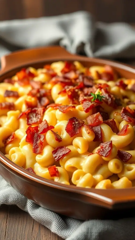 A serving of baked macaroni and cheese topped with crispy bacon in a brown dish.