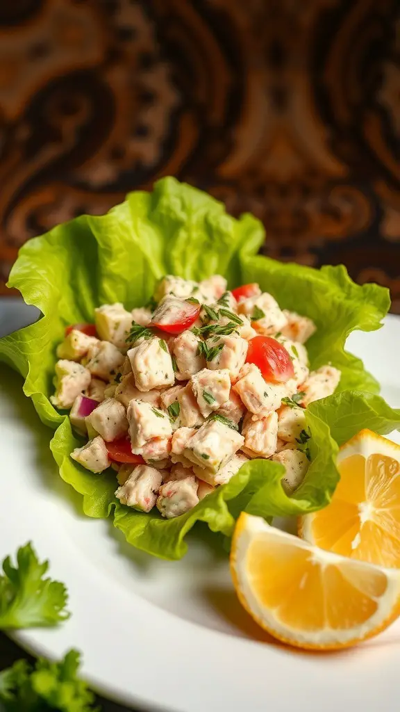 Tuna salad in lettuce wraps with lemon slices
