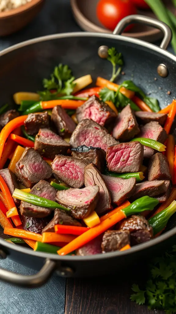 A stir-fry of venison steak and colorful vegetables in a pan.