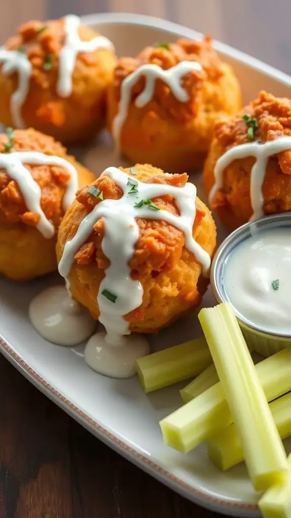 Buffalo Chicken Biscuit Bombs with ranch dressing and celery sticks