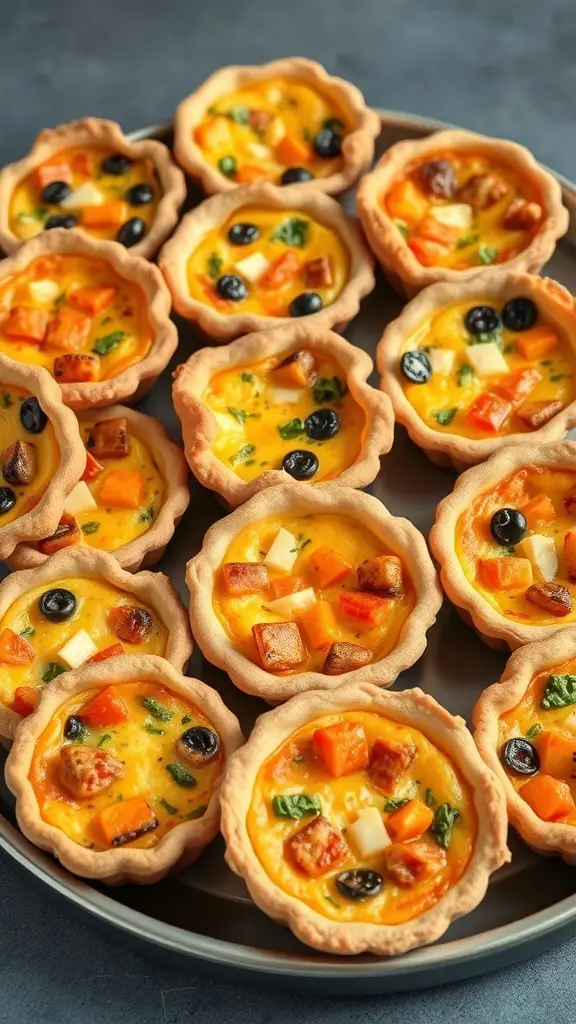 A plate of mini quiches filled with colorful vegetables and cheese.