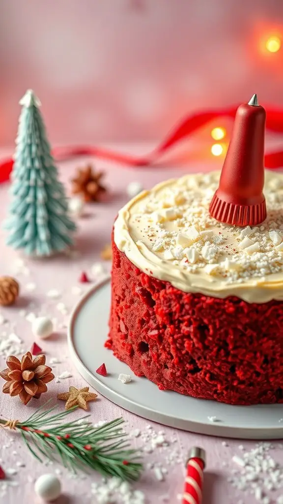 A red velvet cake with white chocolate frosting, decorated for Christmas.