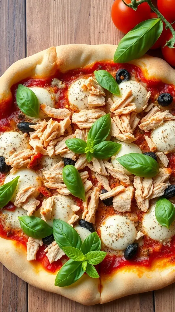 A delicious pizza topped with shredded turkey, mozzarella cheese, black olives, and fresh basil leaves.