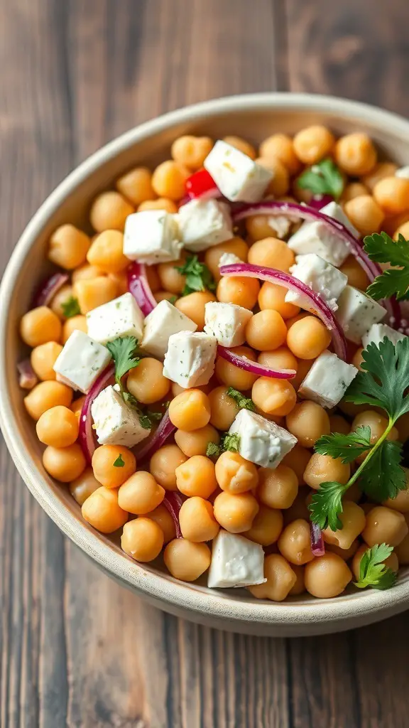 A bowl of chickpea salad with feta, red onions, and fresh herbs.