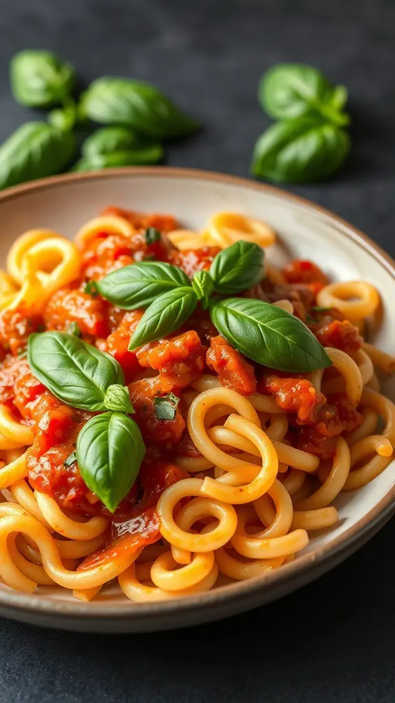 A plate of elbow noodles in tomato basil sauce garnished with fresh basil leaves.
