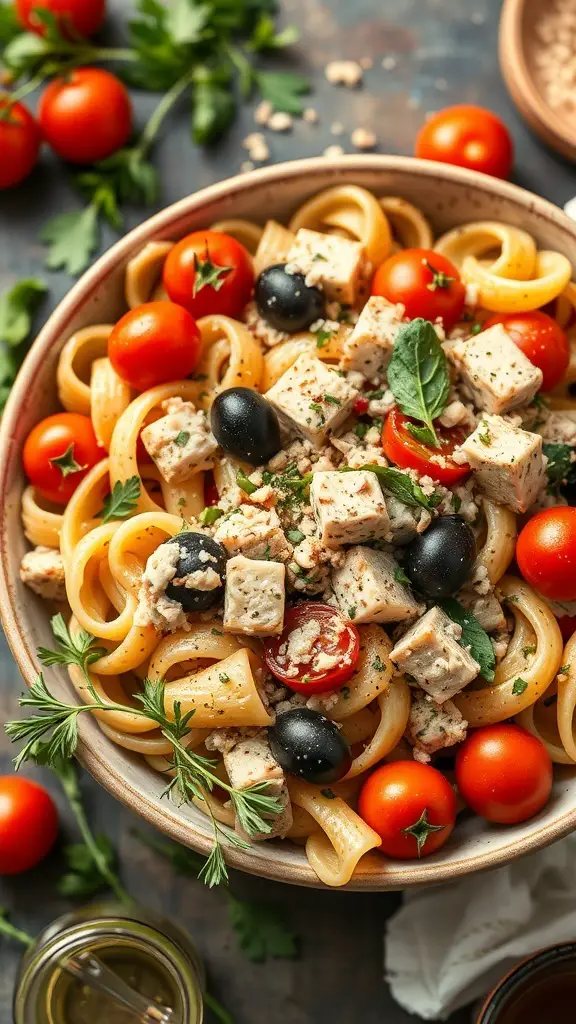 A bowl of Mediterranean Tuna Pasta Salad with pasta, cherry tomatoes, black olives, and herbs.